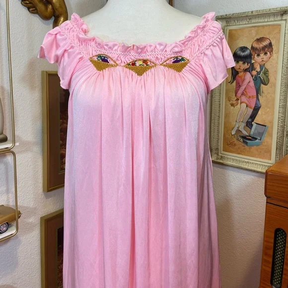 Dresses | Vintage Embroidered Fruit Baby Pink Maxi Nightie M | Poshmark
